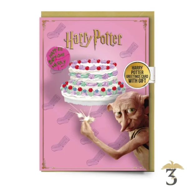 Carte de voeux d anniversaire avec le gateau dobby et un badge bouton un badge - Les Trois Reliques, magasin Harry Potter - Photo N°1